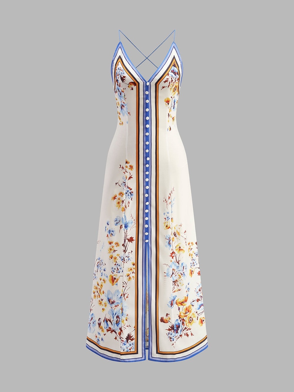 Commense Floral V-Neck Maxi Dress with Blue Trim